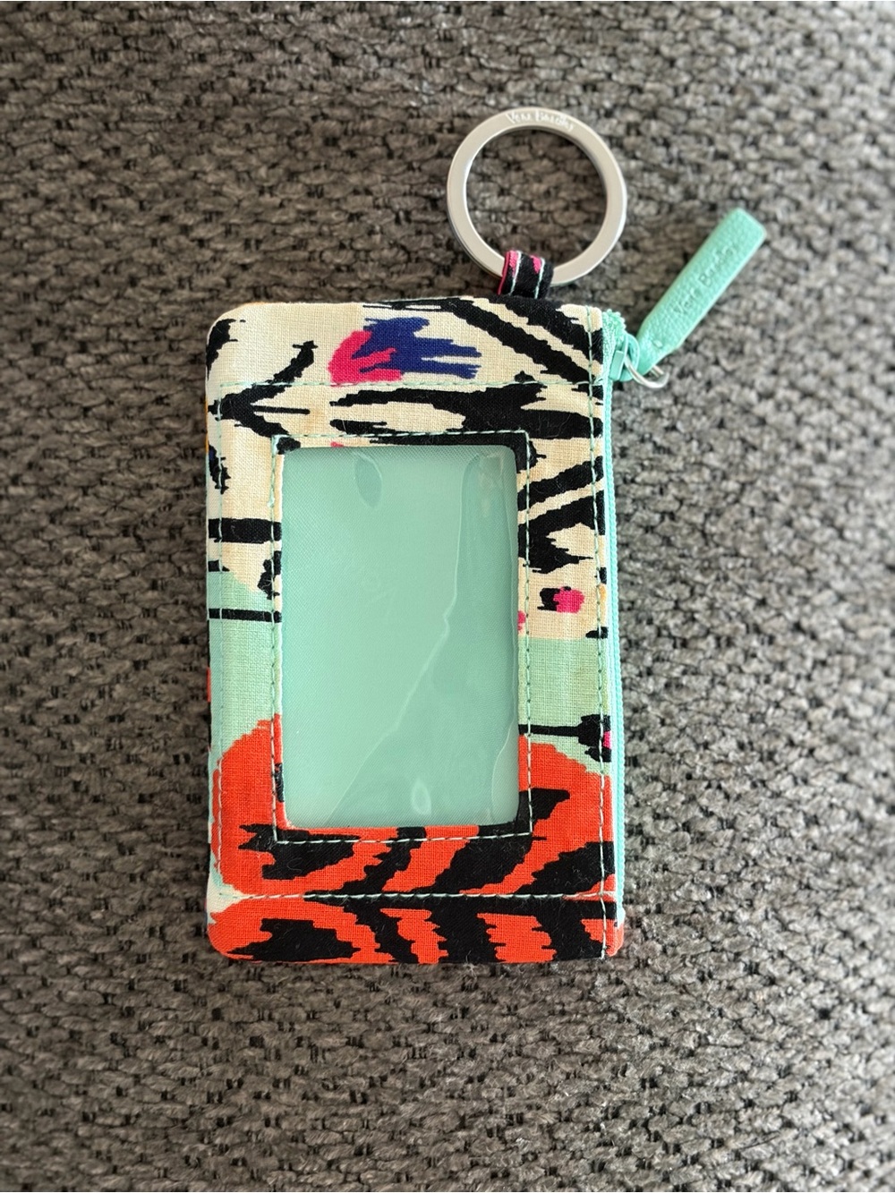 Vera Bradley Teal, Coral & Black Patterned ID Card Keychain
